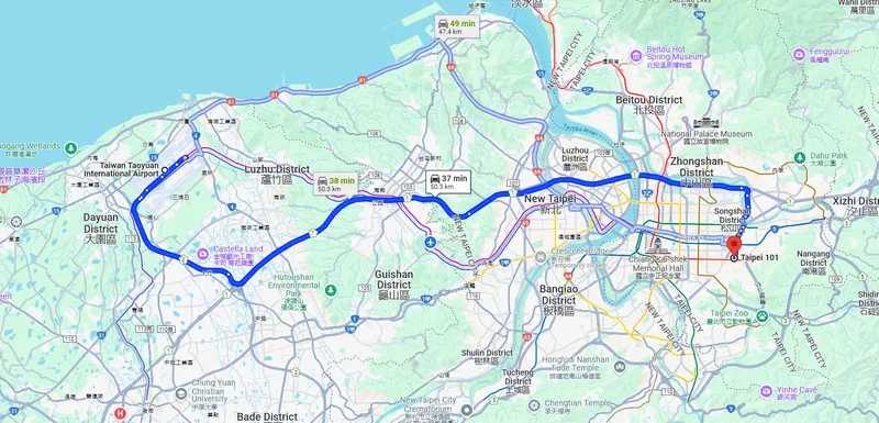 Taoyuan Aiport to Taipei 101 route and map