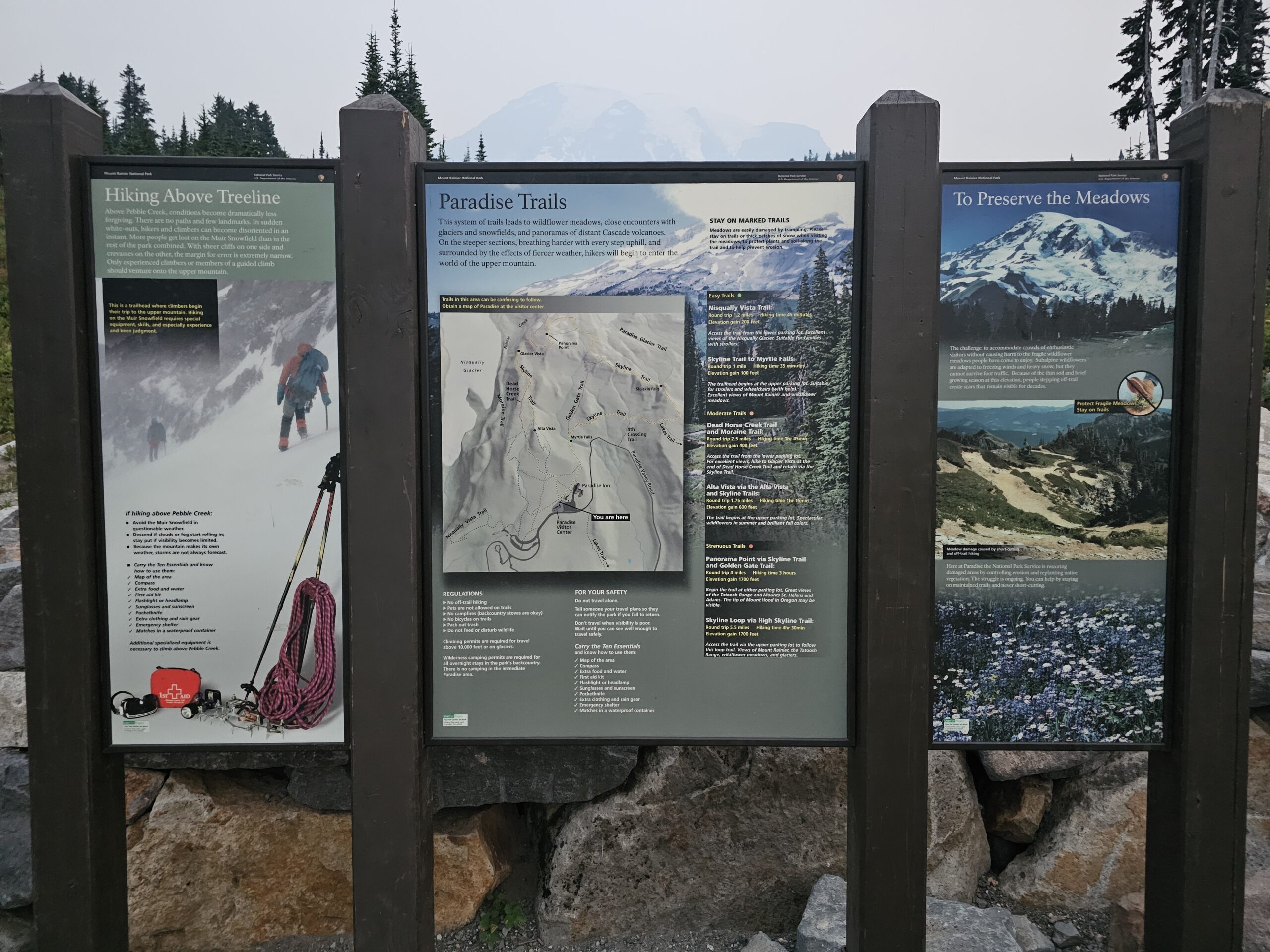 Information post at the entrance of the sky loop trail at Ranier National Park